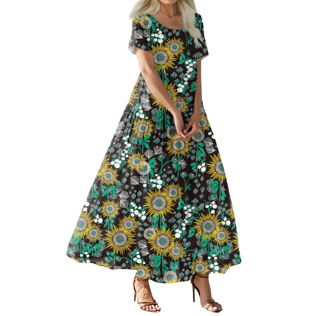 Damen Sommer Casual Blumendruck Kurzarm O-Ausschnitt Hohe Taille A-Linie Stufen Fließendes Boho Maxikleid