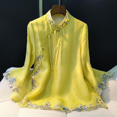 Vintage Embroidery Short Top with Button and Simulated Silk Shirt for Women