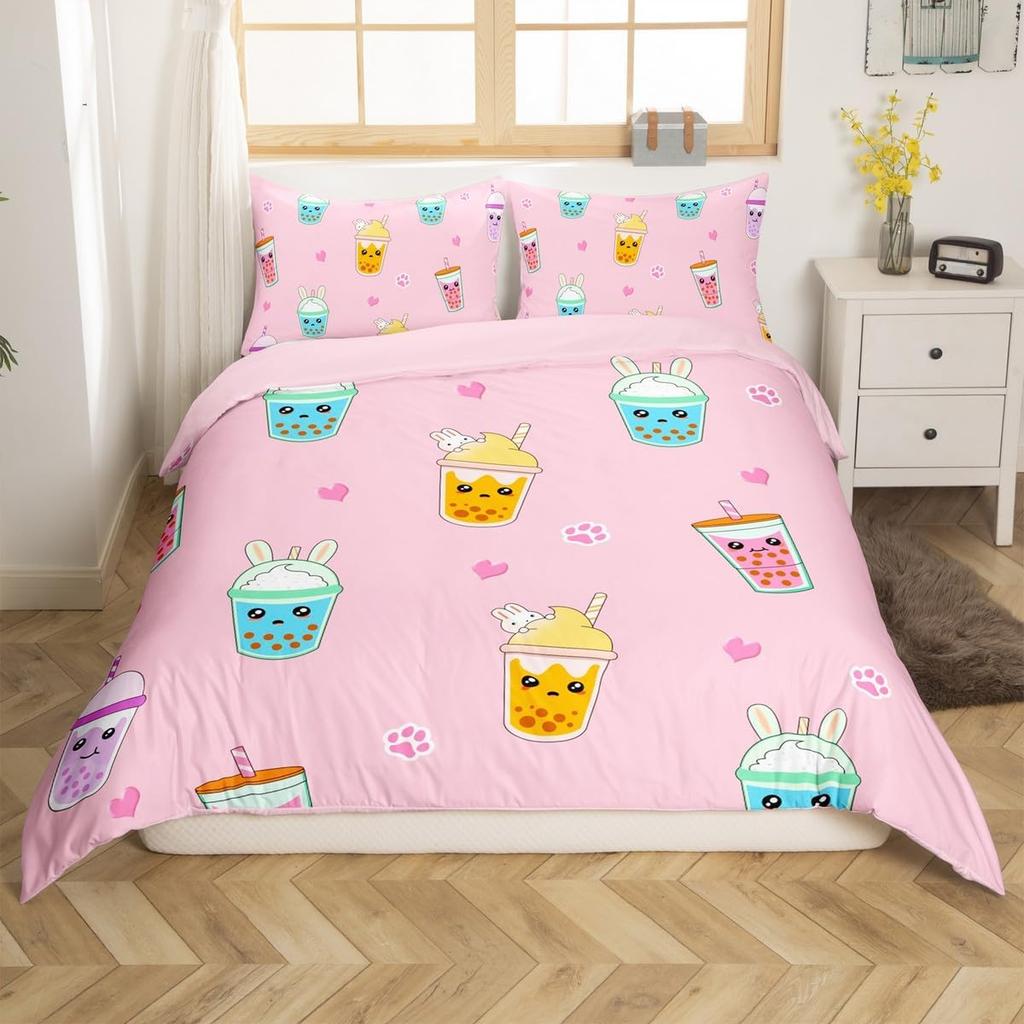 Lovely Bohemian Style Cup Shaped Tea Party Soft Duvet Cover Quen Sized Dimensions Children Kids Rom Decor Watercolor Cofe Beding Cup 3 Piece Set