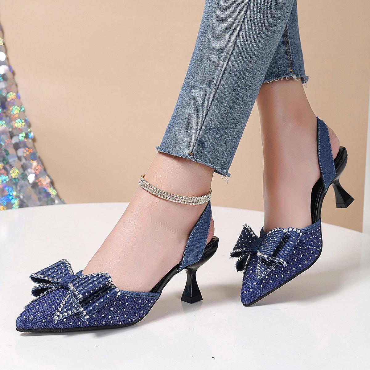 

2025 новые острые тонкие каблуки высокие каблуки большой размер бант неглубокий рот темперамент универсальные женские одинарные туфли женские туфли маленького размера 34 темно-синий