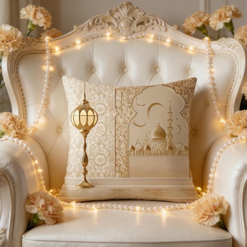 Soft Short Plush Cushion Cover Gold Moon Ethnic Festival Print 45x45cm Standard Size for Home Decoration