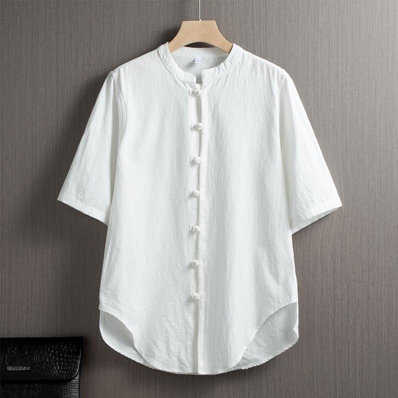 

Chinese Style Cotton and Linen Short-sleeved Shirt Men s Summer Retro Stand-up Collar Buckle Half-sleeved Shirt Loose Casual Shirt M белый
