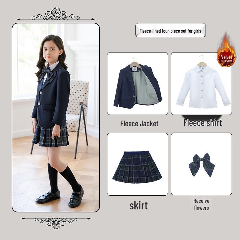 British Style Winter Uniform for Primary and Kindergarten – Children's Velvet Suit Set with Jacket