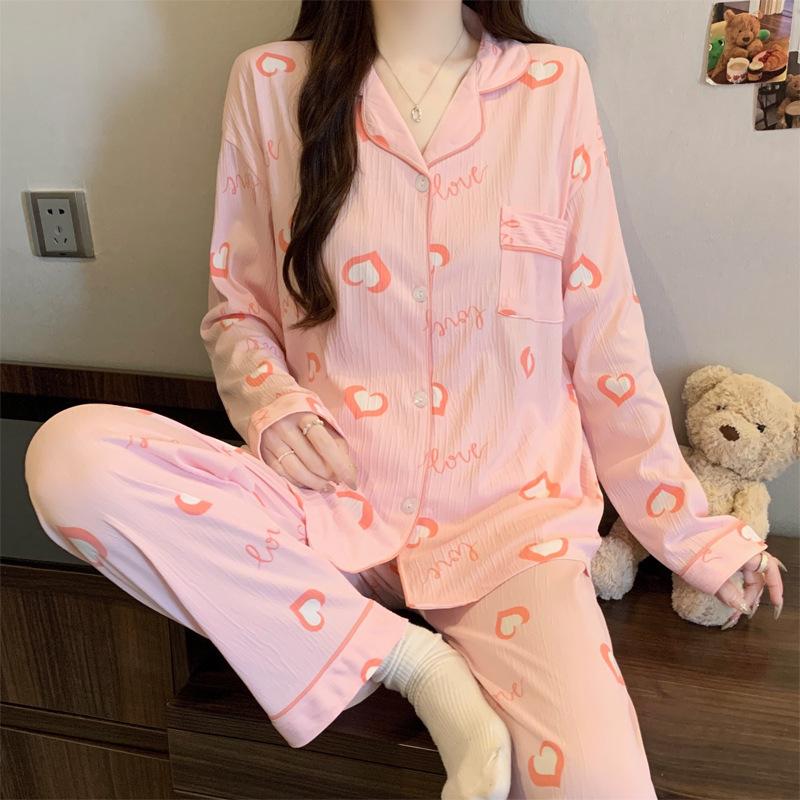 ins style girlish pajamas women's spring and autumn long-sleeved sweet bow full print casual loungewear set