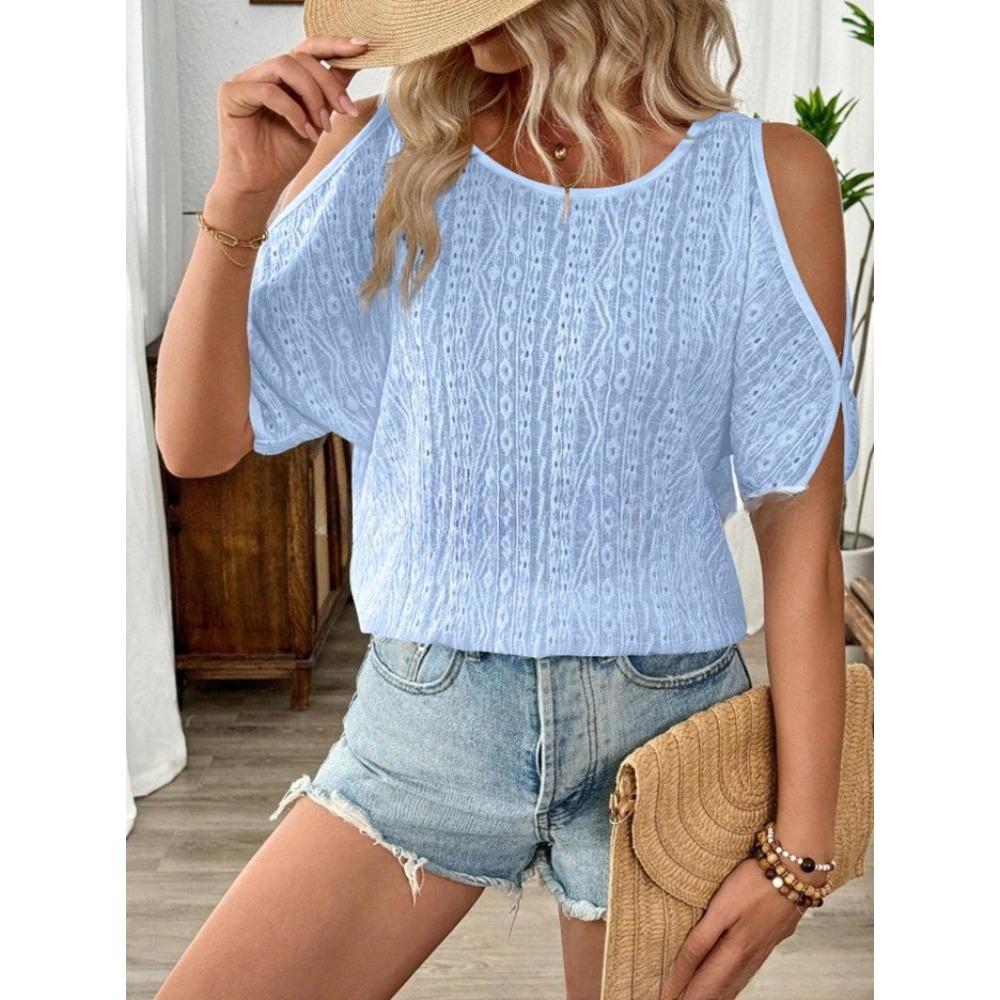 Women s Spring Summer New Solid Color Off Shoulder Hollow Bat Sleeve T-shirt Fashionable Breathable Comfortable Loose T-shirt S