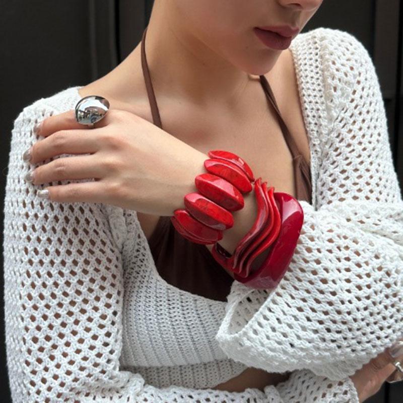 Vintage Wide Geometric Red Resin Acrylic Smudging Bangles Irregular Chunky Bracelets Bangle Jewelry for Women Summer Gift