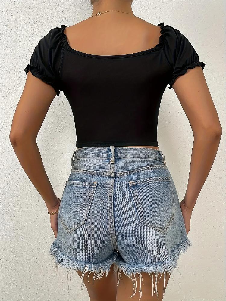 Summer Women's Square Neck T-shirt Fashion Slim Short-sleeved Short Tops Pleated Design Pure Color T-Shirt