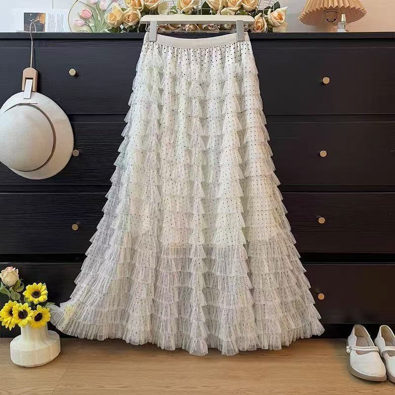 Qooth Polka Dot Tulle Tiered Cake Maxi Skirt A-Line Long Skirt Slimming QT2897 one size белый