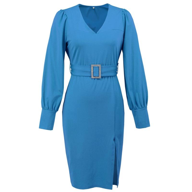 Professionelles schlankes Kleid Herbst/Winter V-Ausschnitt Langarm Gürtel Wickel Hüftstrickkleid Damen
