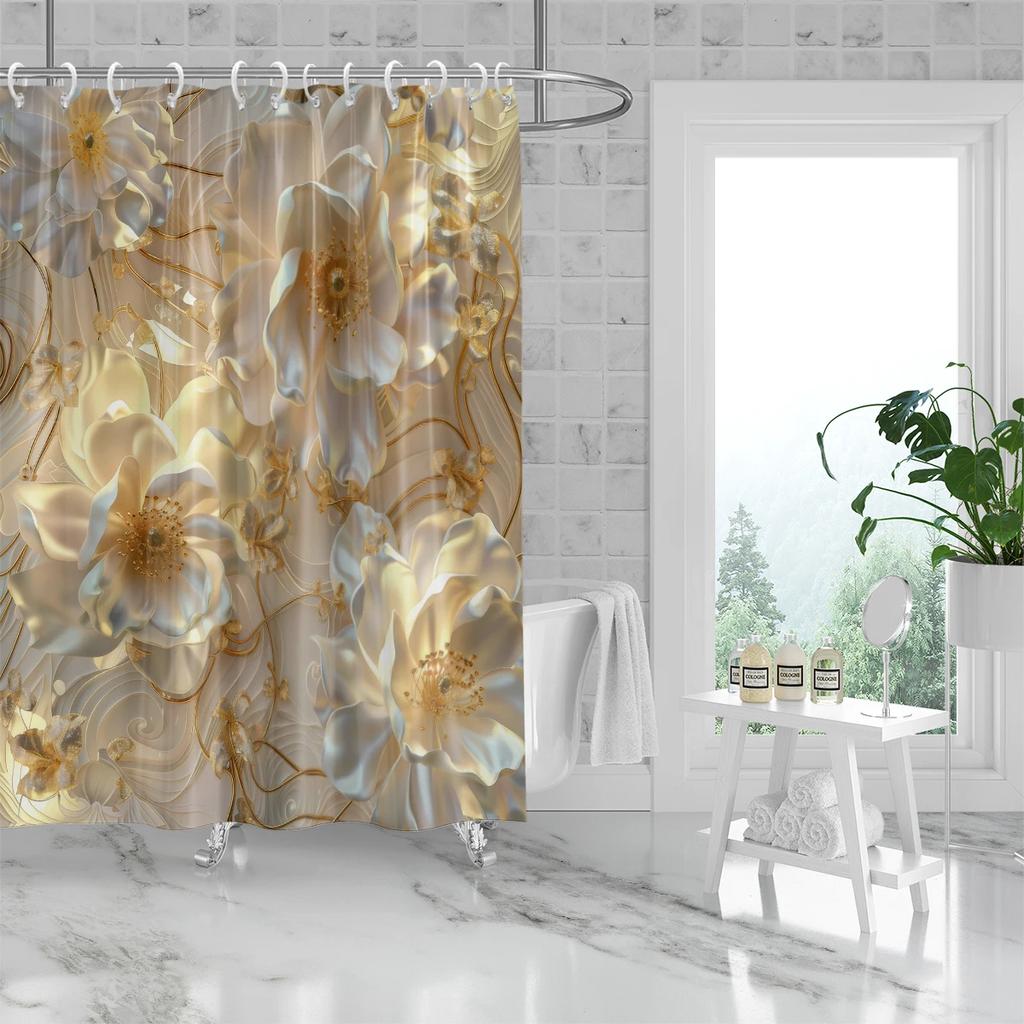 1PC 3D relief flower pattern printed shower curtain, waterproof, with 12 hooks, bathroom showers, bathtub, home use