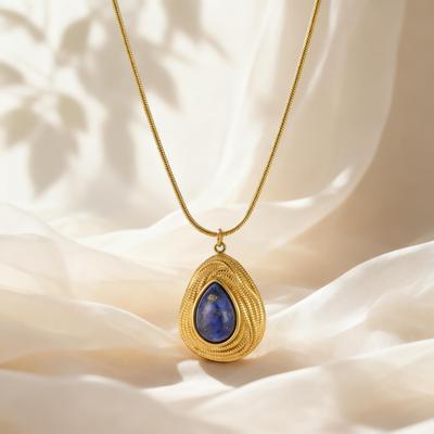 Retro Natural Stone Water Drop Pendant Necklace for Women, Waterproof Stainless Steel Necklace, Personalized Temperament Jewelry