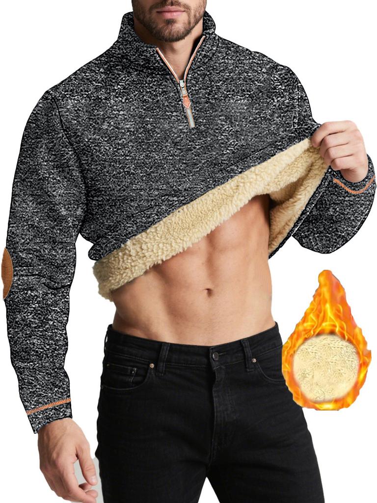 Autumn New Men's Casual Quarter Zip Fleece Lined Sweatshirt with Elbow Patches Solid Color Warm Sportswear Male Fashion Outerwear