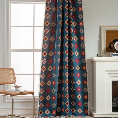Couture Blue Jacquard Panels - Architectural Geometric Print with Silk Fringe | Light Diffusion Sheers for Chef's Pantries & Glass-Atrium Spaces