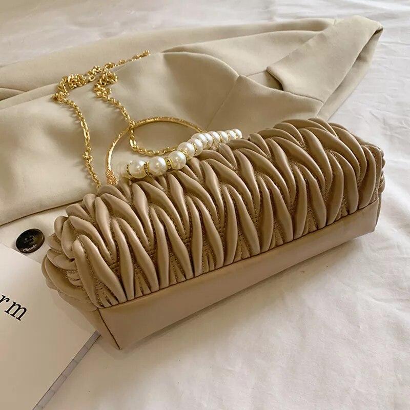 Fashion Women Orange Green Shoulder Bags Prom Clutch Pearl Chain Crossbody Bags Female Chic Totes Pu Leather Handbags And Purse