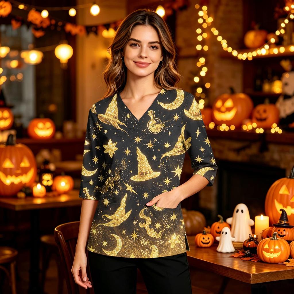 Women's Halloween Costume V-Neck with Pocket Side Slit 3/4 Sleeve Top