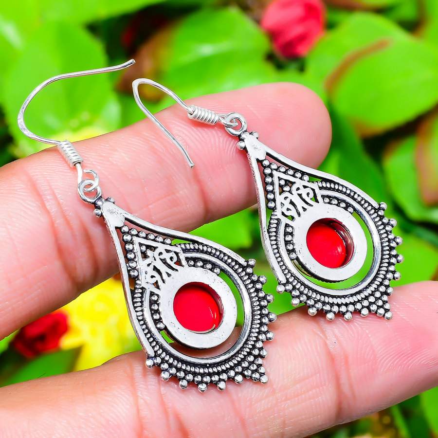 Italian Red Coral Gemstone Handmade 925 Sterling Silver Gift Earring 2.13" C8j59
