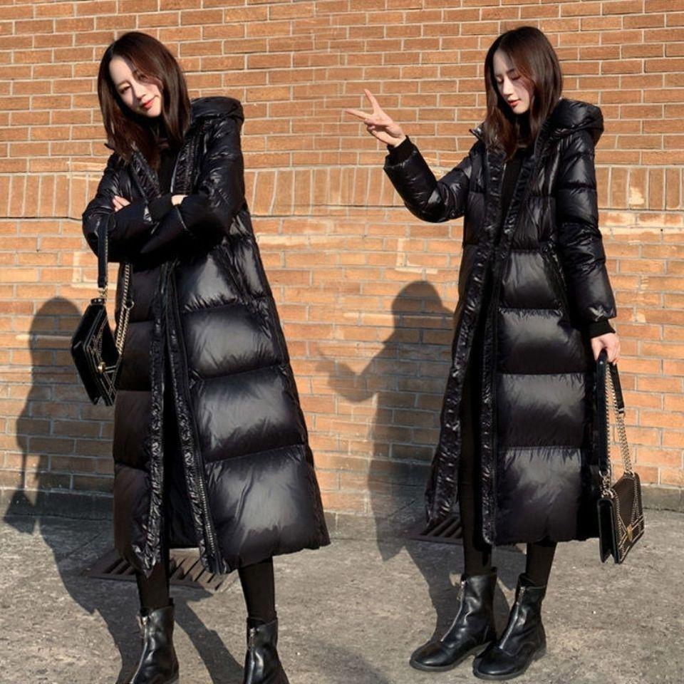 Korean Style Long Black Shiny Down Cotton Coat - Over-the-Knee, Slim Fit, Thickened for Winter