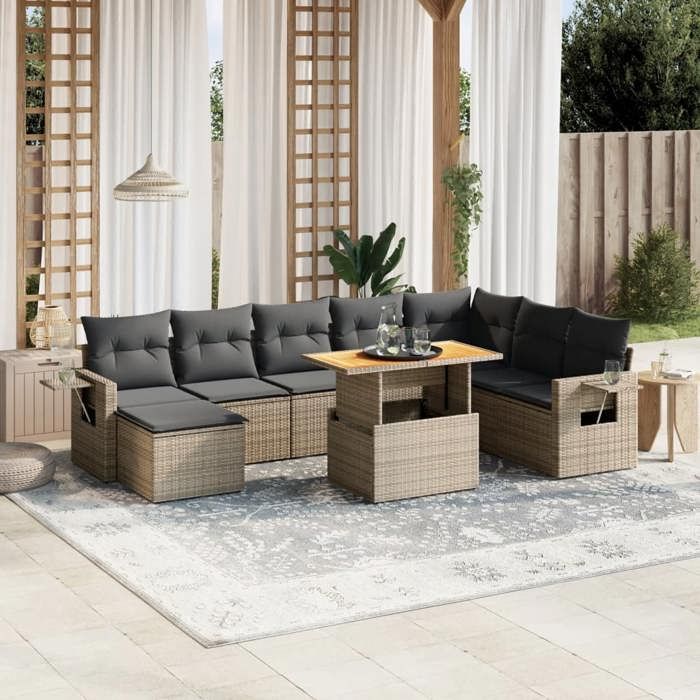 VidaXL Salon de Jardin avec Coussins 9 pcs, Canapés de Terrasse, Ensemble de Meubles de Patio, Mobilier d'Extérieur, Gris 3271893