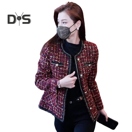 

Женский твидовый пиджак с длинным рукавом, застегивающийся на пуговицы, укороченный блейзер с карманами, двубортное пальто в сетку для осени и зимы XXXXL