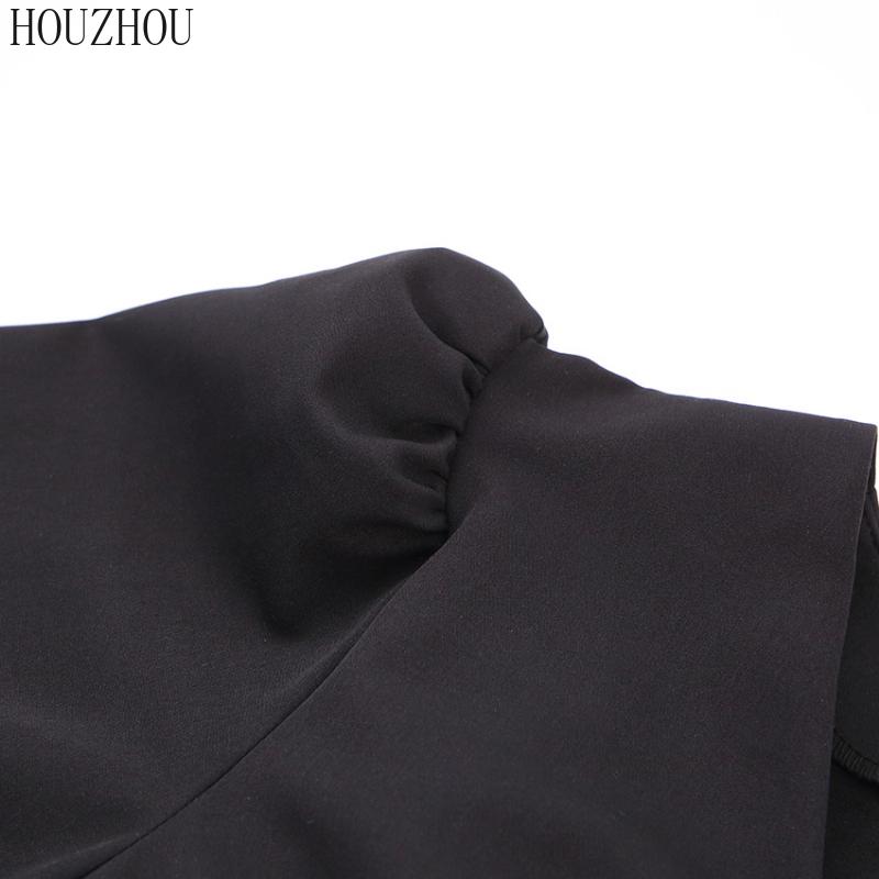 HOUZHOU Abito Nero Donna Scollo a V Vita Alta Classico Coreano Basic Elegante Maniche a Sbuffo Maniche Corte A-line Miniabito