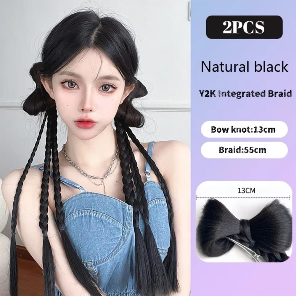 

2 шт. Коричневый бант, коса, хвост, длинная двойная коса, крутая плетеная прическа, заколка для волос, острая девушка Natural black