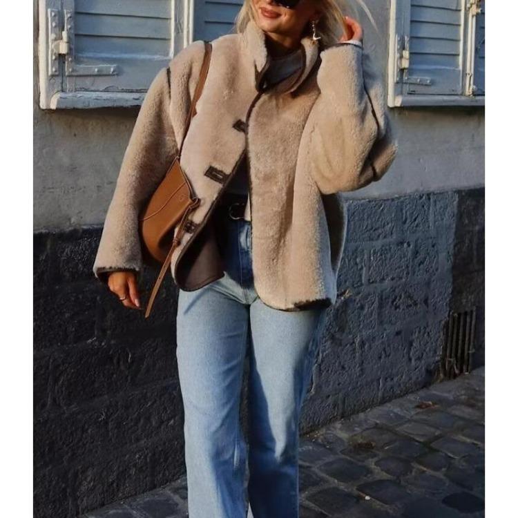Winter Warm Fleece Jacket Women Casual Loose Coat High Collar Button Zipper Outerwear Fashion Thick Coat