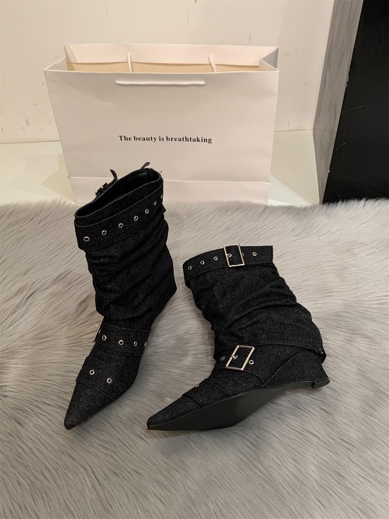 Winter and Autumn New Niche Denim Wedge Heel Pants Boots Women's Pointed Belt Buckle High Heel Folded Short Boots Stacking Boots
