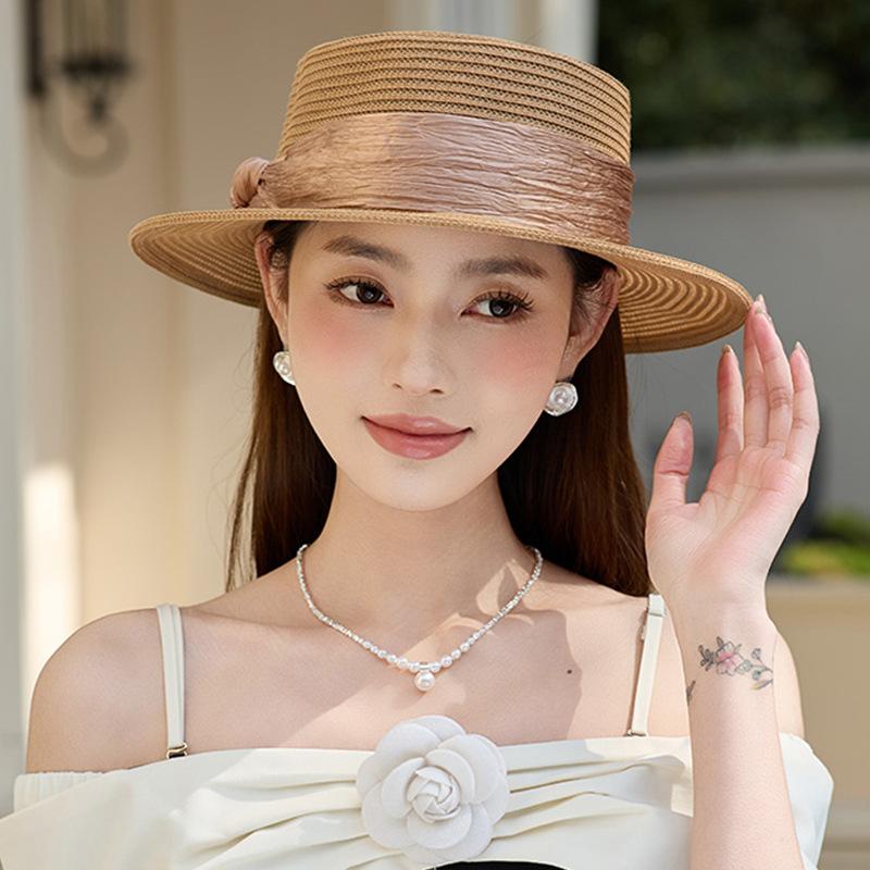 Elegant silk ribbon flat top hat women's summer sun protection straw hat sun badge flat edge basin hat seaside beach hat
