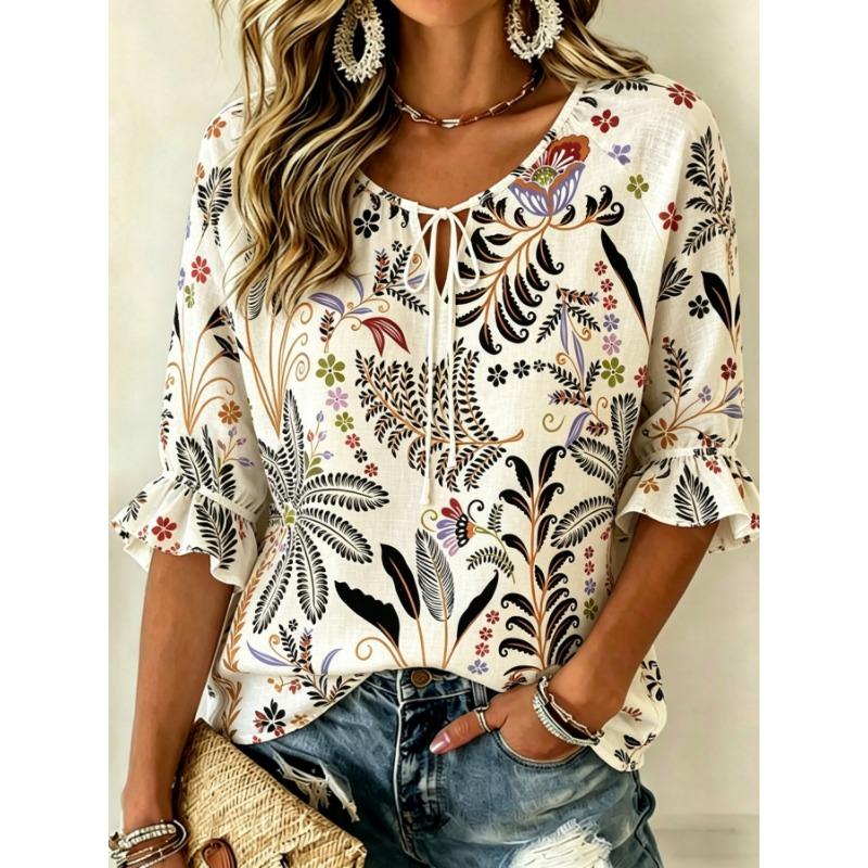 Women's Blue Beige Paisley Print Tie Neck Blouse