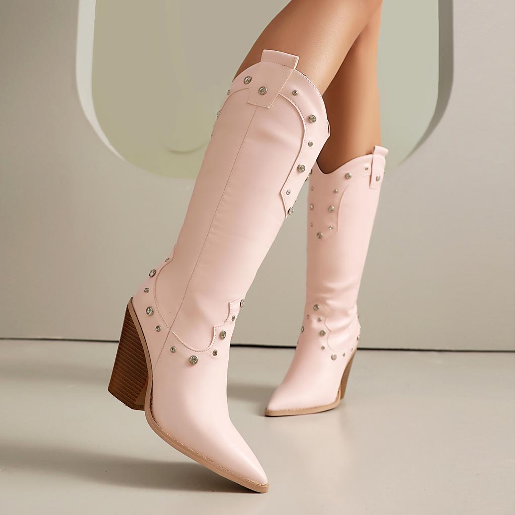 Damen Westernstiefel Crycle Mid-Calf Stiefel 9,5cm Ausschnittabsätze Schuhe Retro Lässiges Schuhwerk