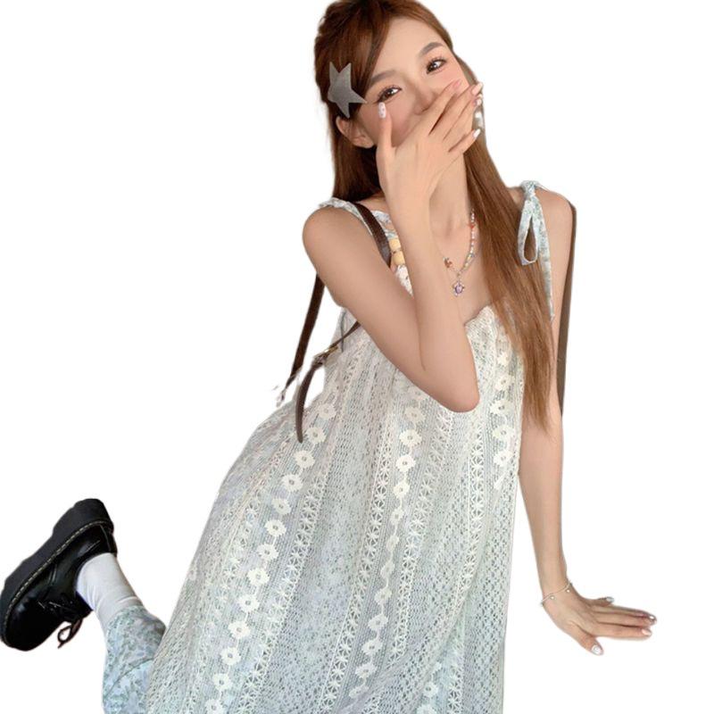 Sweet Retro Floral Lace Tassel Slip Dress for Beach Vacation