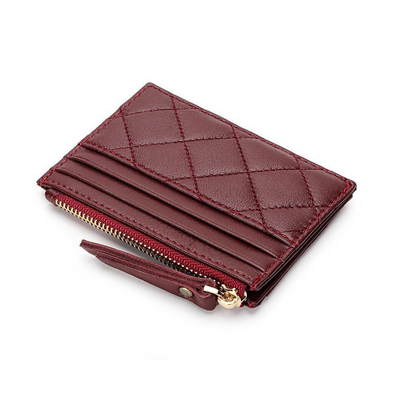 Soft Sheepskin Short Wallet Style Diamond-check Zipper Change Purse Genuine Leather Multi-card ID Bag