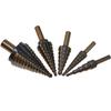 5-Piece Triangular Shank Stepped Drill Bit Set, Yellow Nitrided, Metric & Imperial Sizes, with Straight Flute in Aluminum Box Packaging.