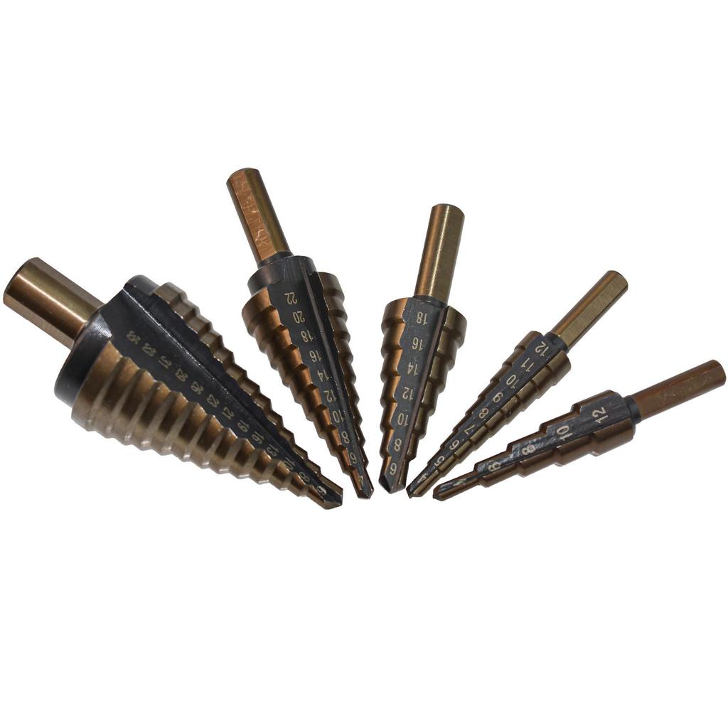 5-Piece Triangular Shank Stepped Drill Bit Set, Yellow Nitrided, Metric & Imperial Sizes, with Straight Flute in Aluminum Box Packaging.