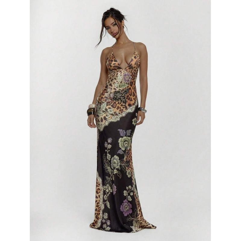European summer French retro sexy hottie design sense lace-up leopard print long dress women XS