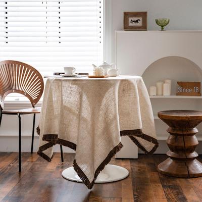 Imanqiyun Khaki Tassel Tablecloth - American Country Linen Blend Rectangular