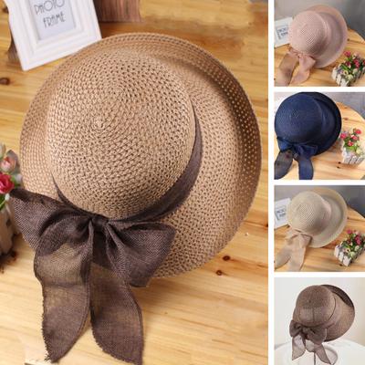 Ribbon Bowknot Decor Straw Hat Round Dome Solid Color Folding Women Big Brim Sunscreen Travel Hat Fashion Accessories
