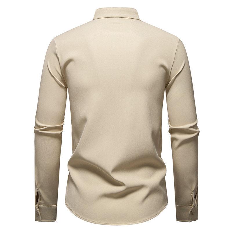 Men Stand Collar Long Sleeve Shirt Metal Hook Decor Solid Color Slim Fit Casual Shirt