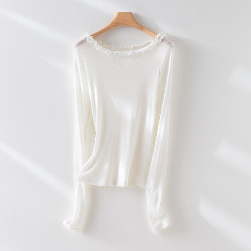 

Fungus one-word collar Tencel wool blended knitted inner bottoming shirt women s early autumn slim-fitting and thin jumper XL