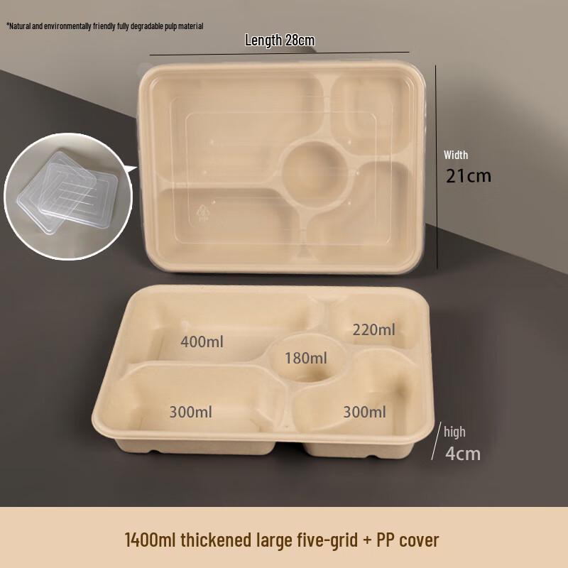 Disposable Paper 5-Compartment Takeout Bento Box, 1400ml