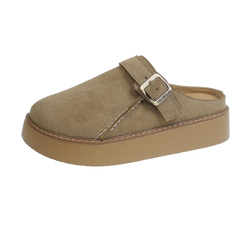 

Ретро-мешок с толстым дном, увеличивающий объем, 2024, новая круглая голова, мягкая подошва, односложная пряжка с повседневными полутапочками 35 хаки