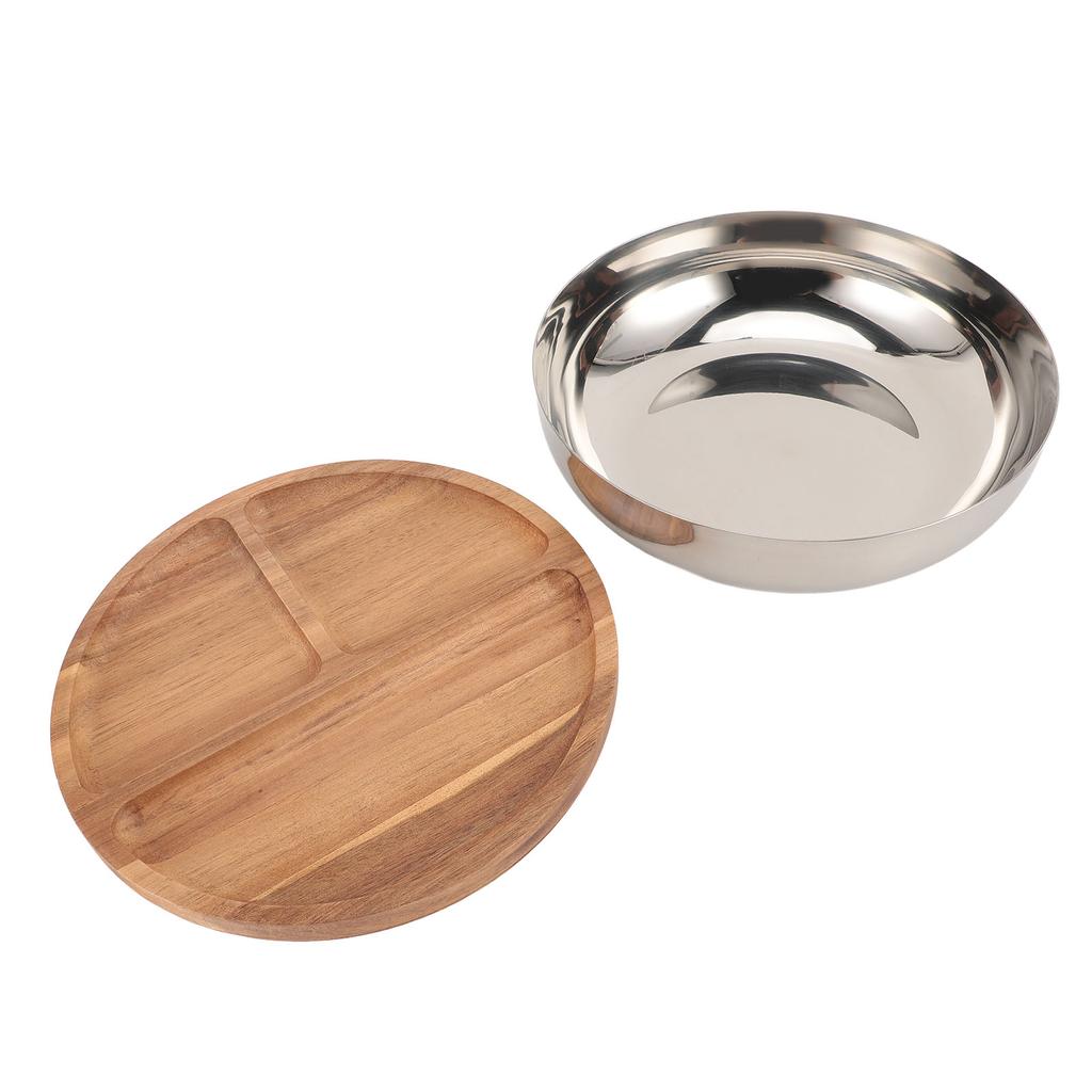Stainless Steel Salad Bowls with Wood Lids Large Capacity Multifunctional Thickened Round Salad