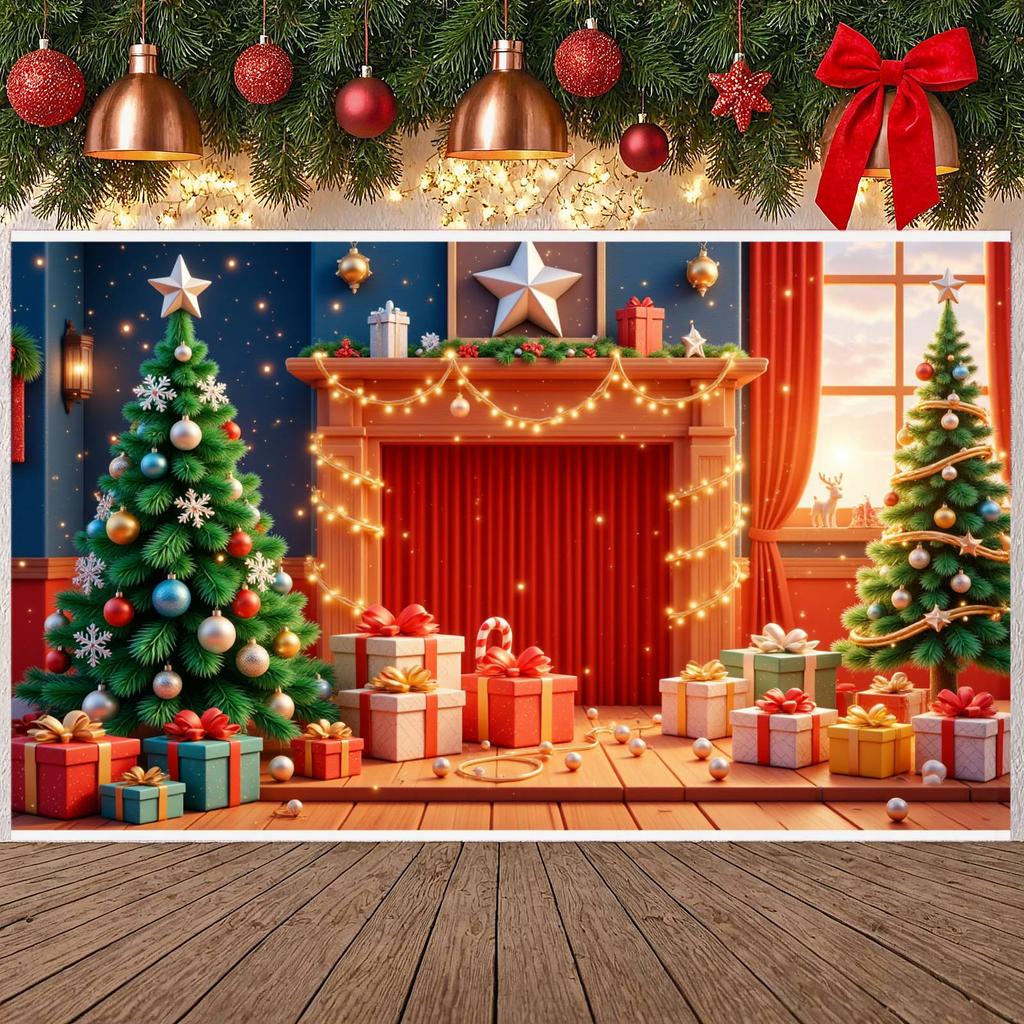 Xmas Event Banner Red Green Theme Winter Celebration Banner Christmas Fireplace Banner String Lights For New Year Party Xmas