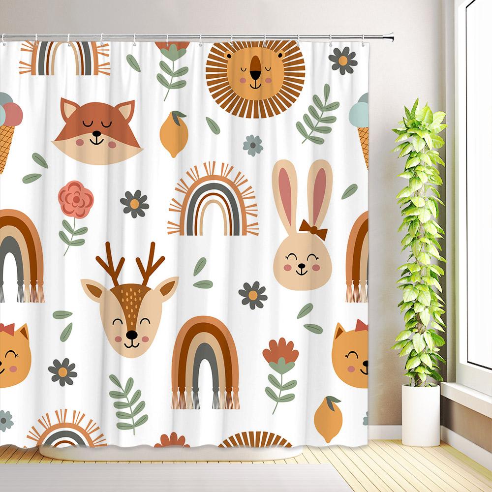 Cartoon Animals Shower Curtain Cute Giraffe Elephant Lion Floral Plant Leaves Dinosaur Funny Bath Curtains Fabric Bathroom Decor