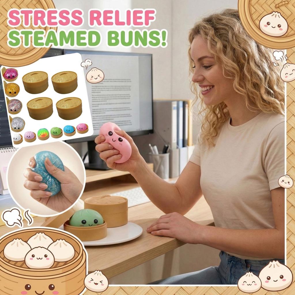 Set of 4 Squishy Steamed Bun Stress Relief Toys with Steam Basket Design Soft Squeeze Sensory Toys for Kids and Adults