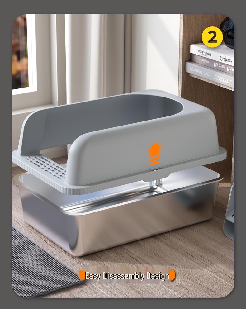Edelstahl Leicht zu Reinigende Katzentoilette: Verbreitert, Verdickt, Sandsicher, Spritzwassergeschützt, Großer offener Raum