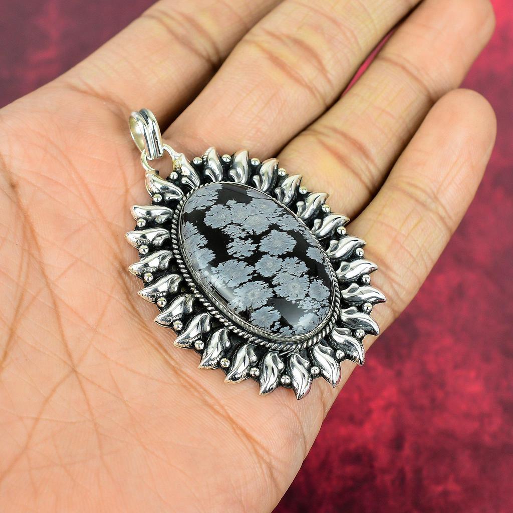 Wisiorek z obsydianu w kształcie płatka śniegu, 925 solidne srebro próby 925, ręcznie robiony delikatny wisiorek z kamieniami szlachetnymi, dla niej