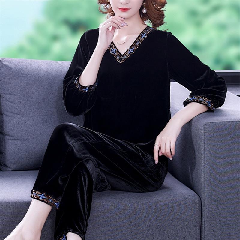 2pcs Pants Suits Autumn Retro Women's V Neck Plus-size Velvet Blouse High-waist Velvet Harem Pants Two-piece Set
