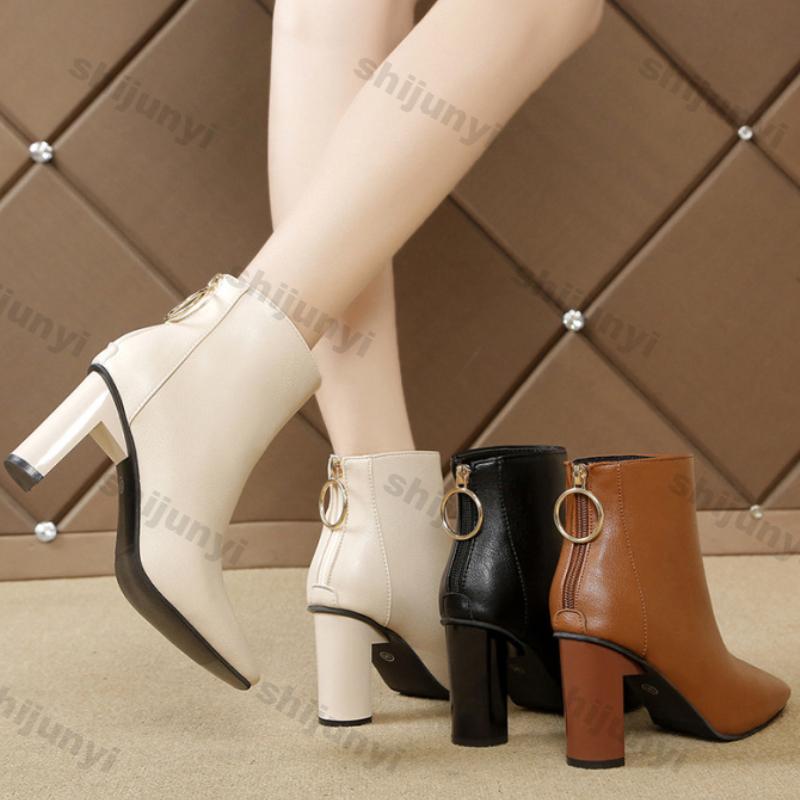 Fashion Thick Heel Black Short Leather Boots for Women New Autumn Winter High-heeled Women Square Toe Thick Heel Back Zipper Single Boot