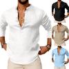 Camisa masculina de outono, gola Henry, manga comprida, slim fit, pulôver casual, botões, fino, macio, respirável, cor sólida, streetwear, top masculino